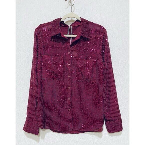 Anthropologie Top Womens Large Raspberry Remie Sequin Button Up Mob Wife Boho - Picture 2 of 7